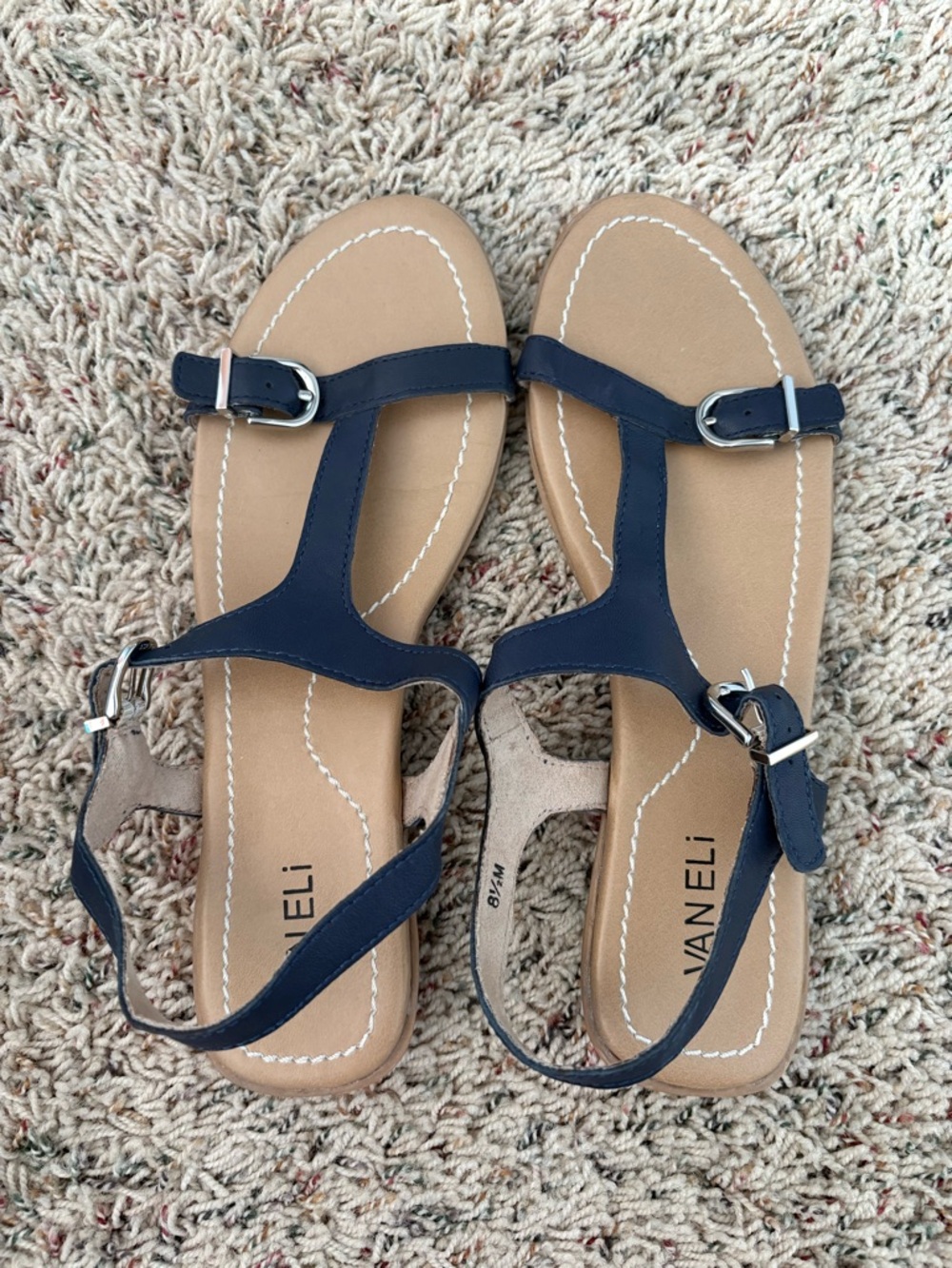 Vaneli Navy T-Strap Leather Sandals